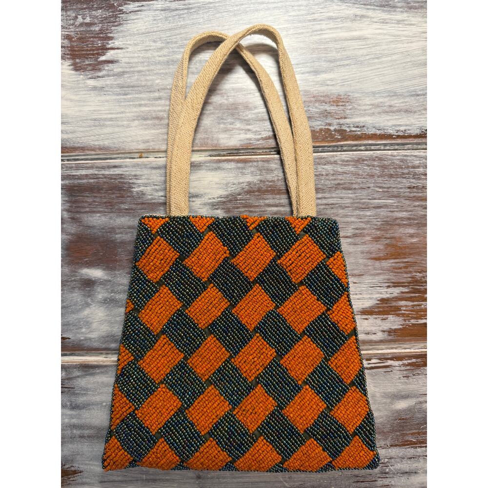 Beaded Small Tote Bag with Fabric Handles Orange